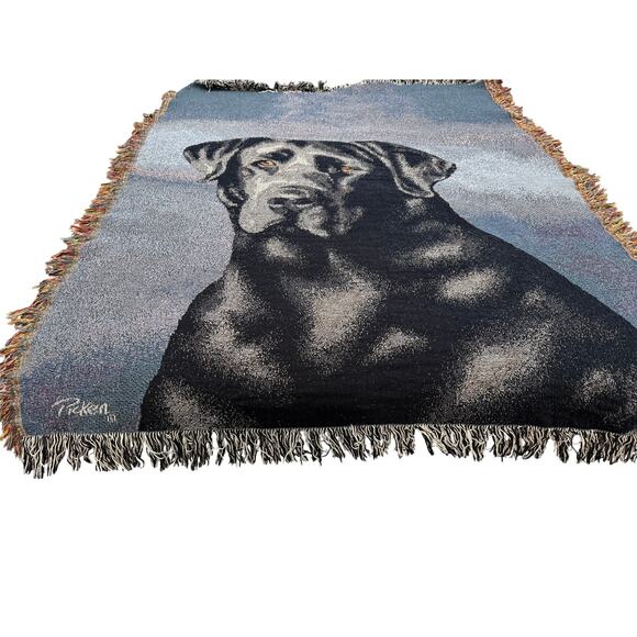 Black Lab Dog Woven Tapestry Throw Blanket, 48x55 (59” incl fringe), Signed - Picture 1 of 6